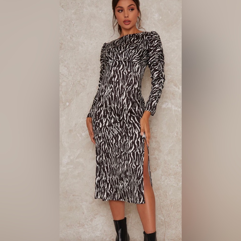 ChiChi London Zebra print long sleeved slip dress in monochrome size 2